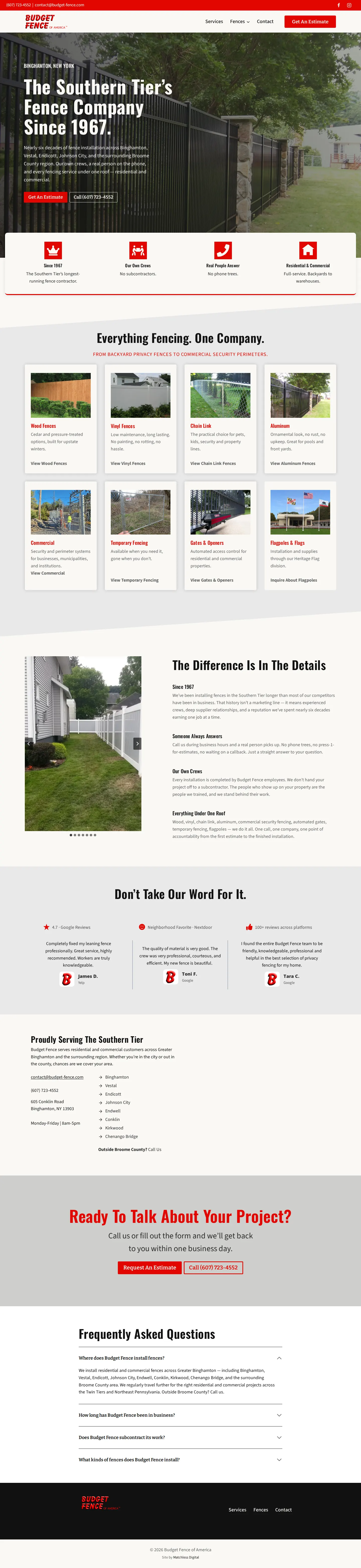 The Budget Fence homepage on desktop, from the hero through the service list, reviews, service area and footer.